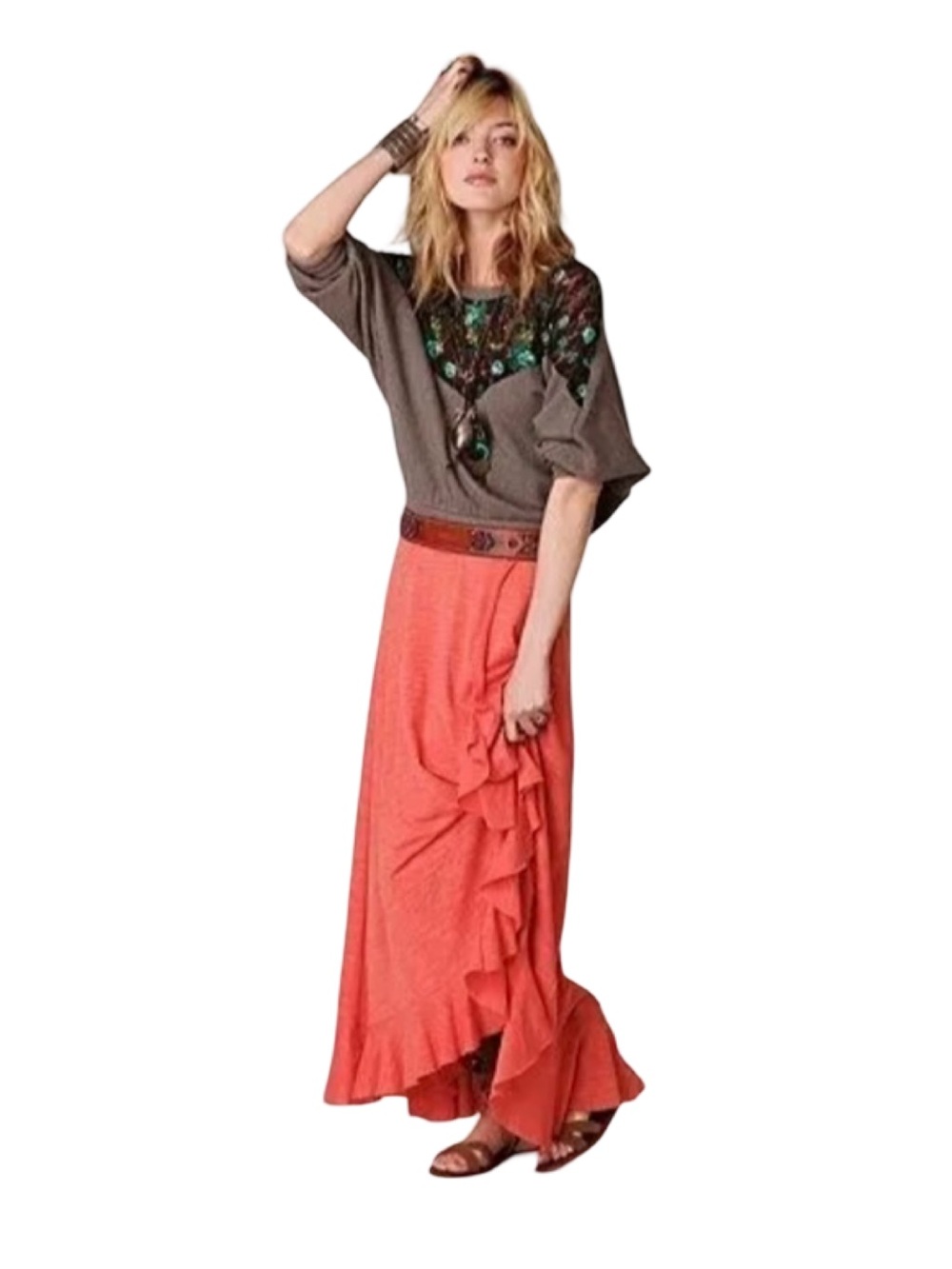 Free People Tangerine Ruffled Maxi Skirt M EUC